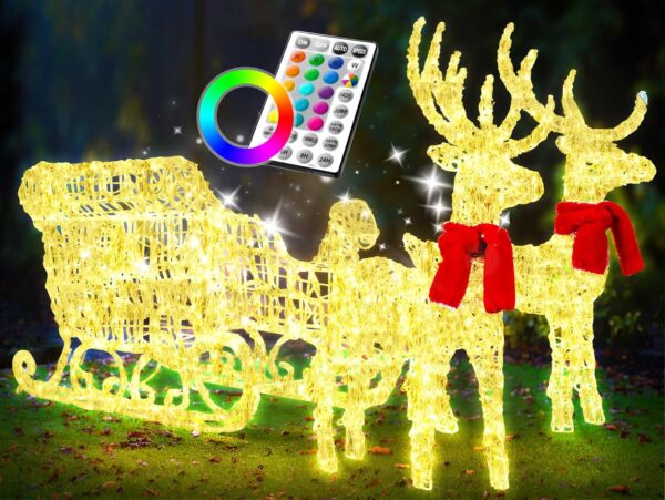 KESSER® 240 LED Rentier mit Schlitten, Fernbedienung, 30 Funktionen, Timer, Weiß/Color