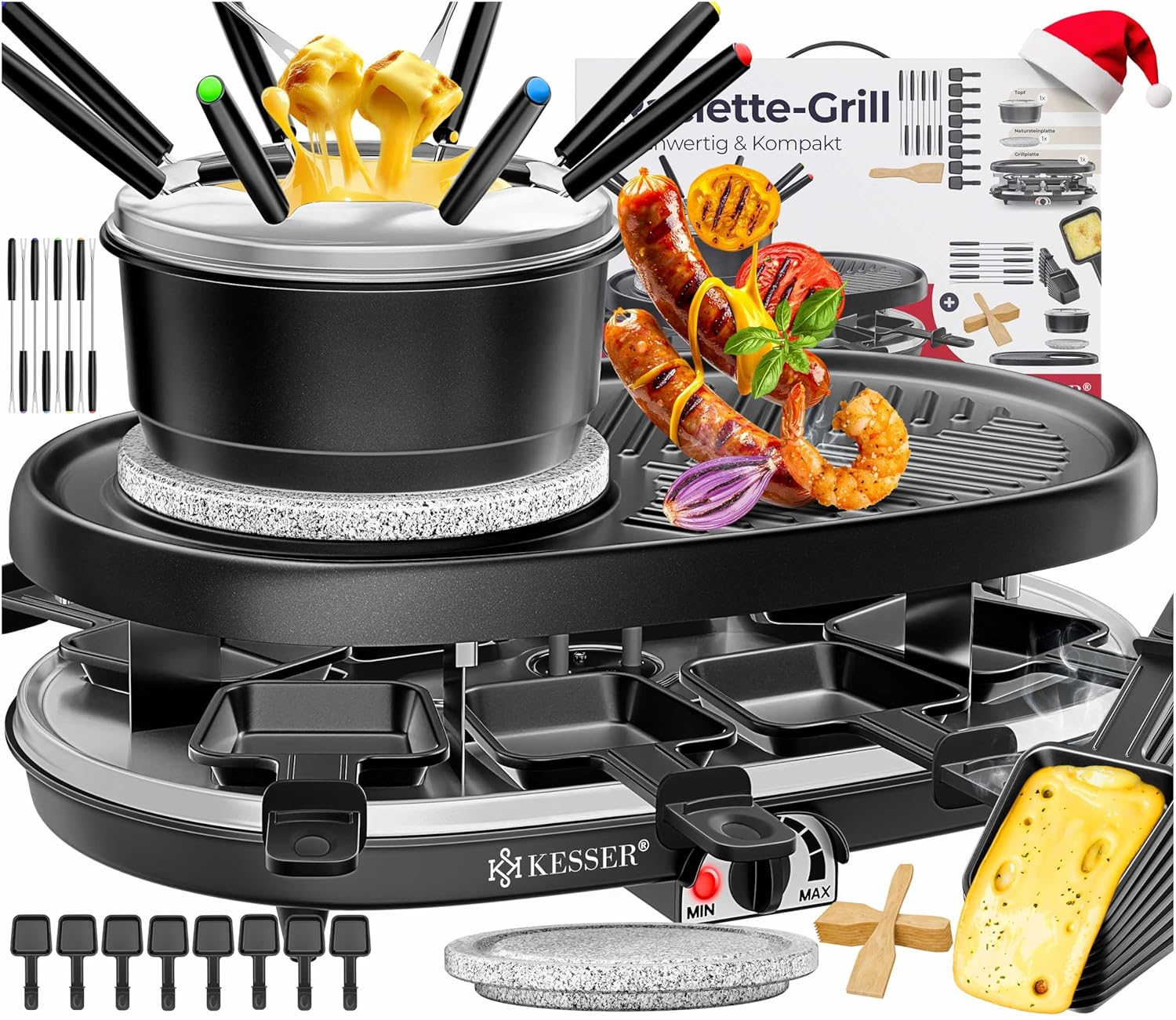 KESSER® 3-in-1 Raclettegrill mit Naturgrillstein, Antihaft-Grillplatte & Fonduefunktion für 8 Personen