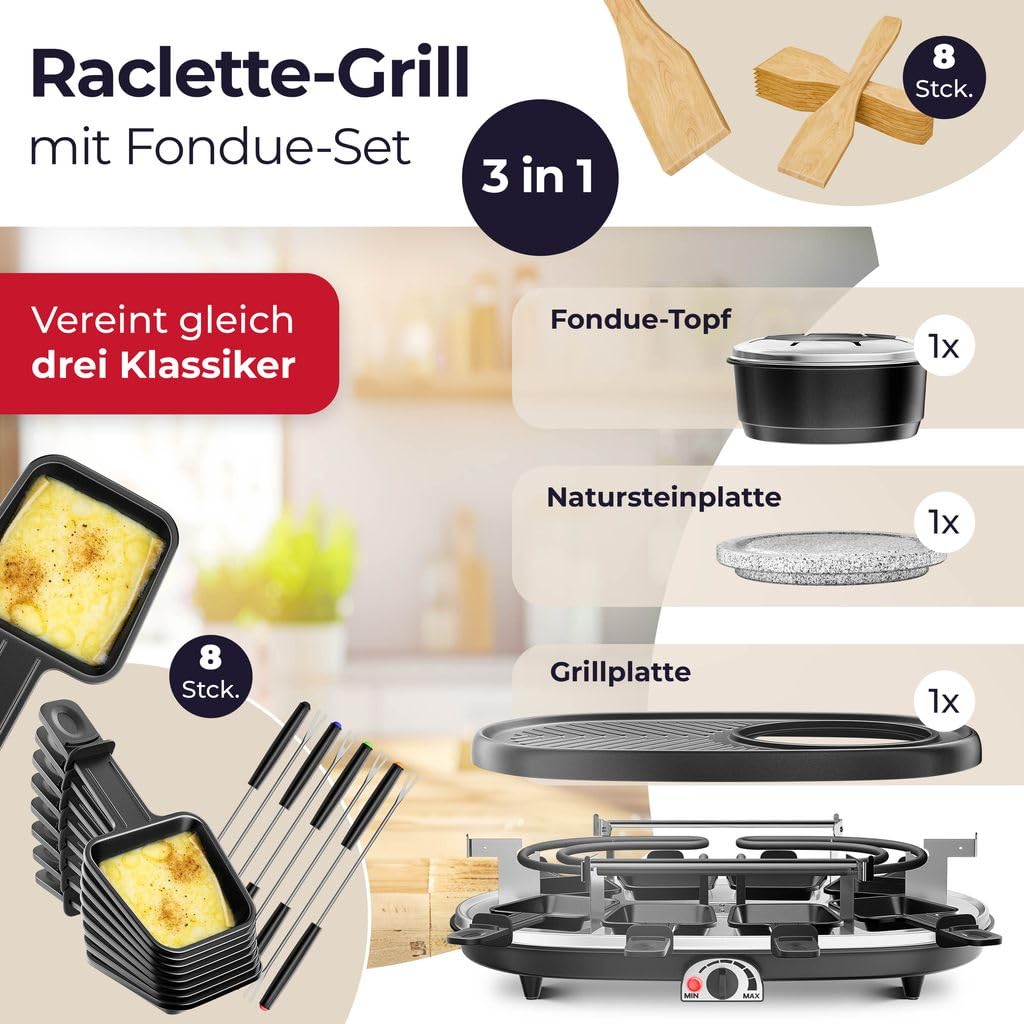 KESSER® 3-in-1 Raclettegrill mit Naturgrillstein, Antihaft-Grillplatte & Fonduefunktion für 8 Personen