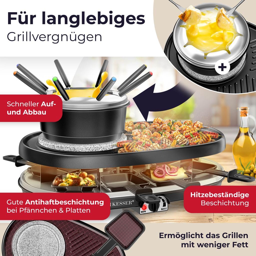 KESSER® 3-in-1 Raclettegrill mit Naturgrillstein, Antihaft-Grillplatte & Fonduefunktion für 8 Personen