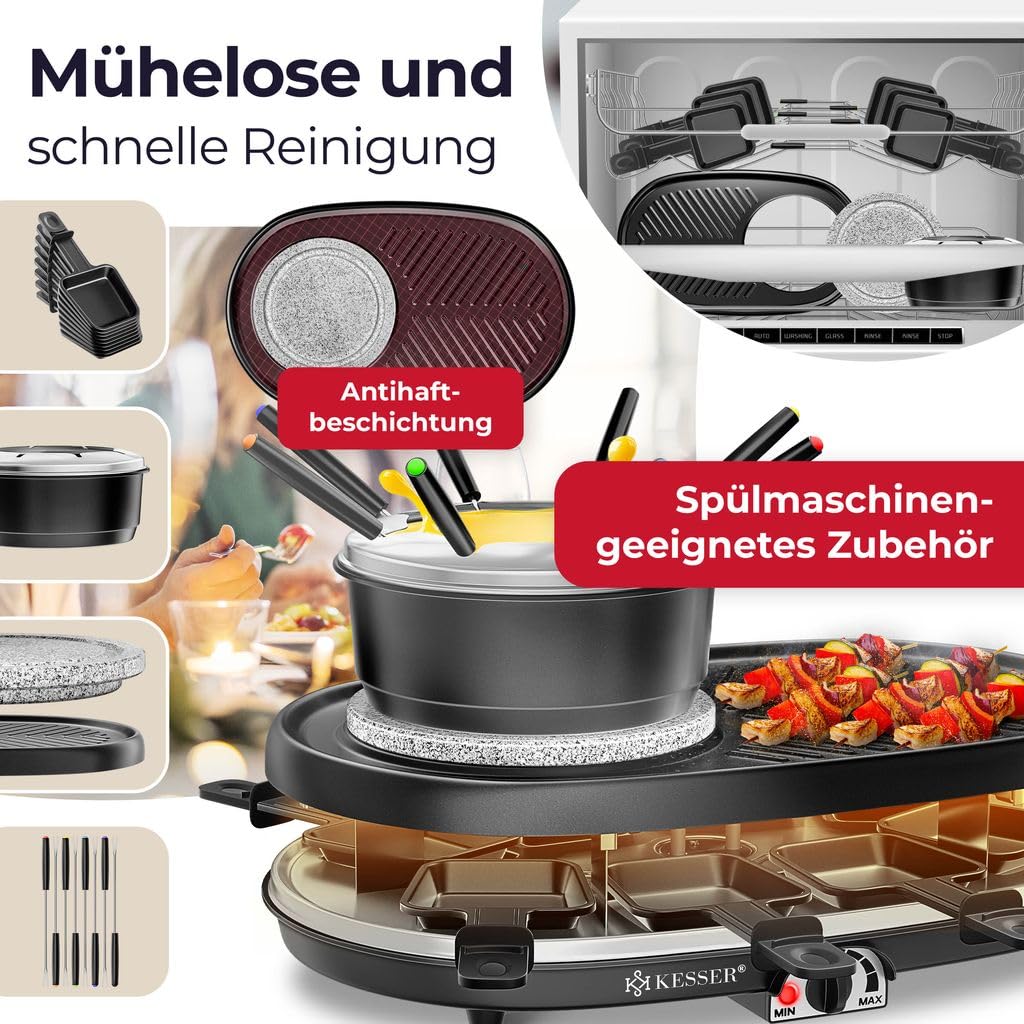 KESSER® 3-in-1 Raclettegrill mit Naturgrillstein, Antihaft-Grillplatte & Fonduefunktion für 8 Personen
