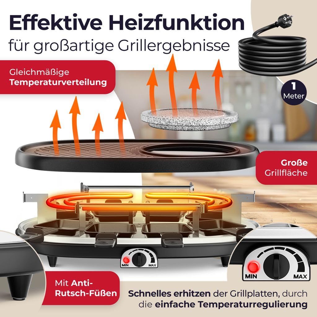 KESSER® 3-in-1 Raclettegrill mit Naturgrillstein, Antihaft-Grillplatte & Fonduefunktion für 8 Personen