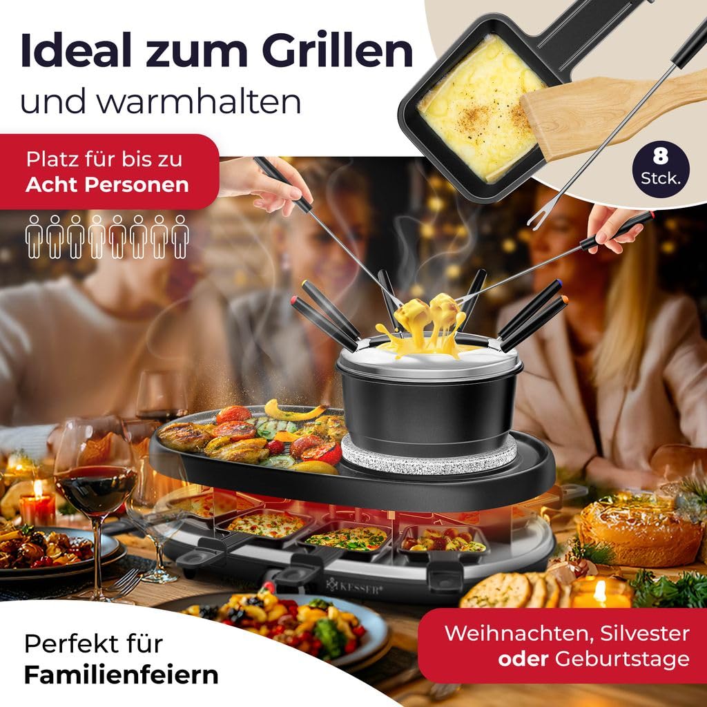 KESSER® 3-in-1 Raclettegrill mit Naturgrillstein, Antihaft-Grillplatte & Fonduefunktion für 8 Personen