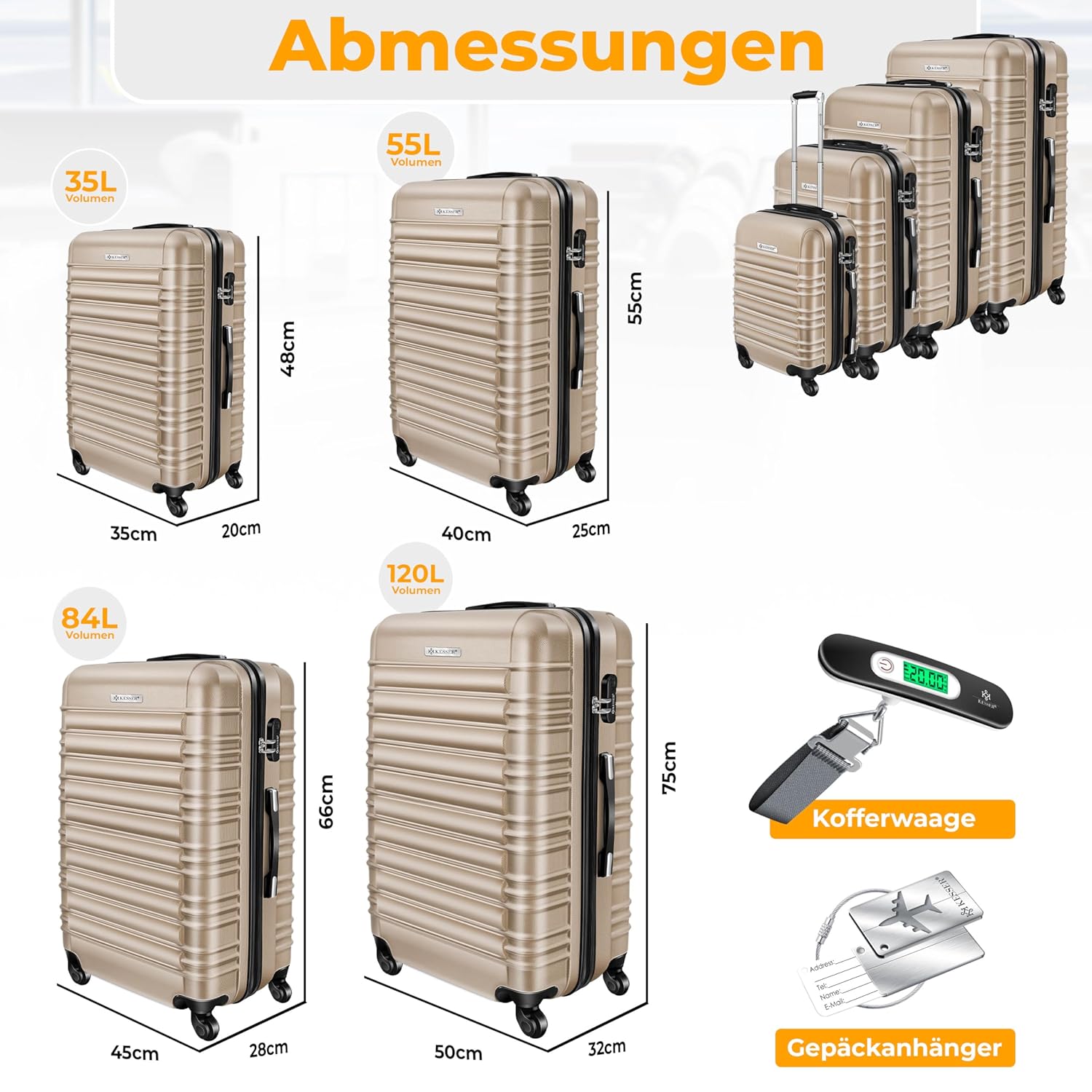 KESSER 4-teiliges Hartschalen-Trolley Gepäckset, 4 Rollen, ABS, TSA-Schloss, S-M-L-XL