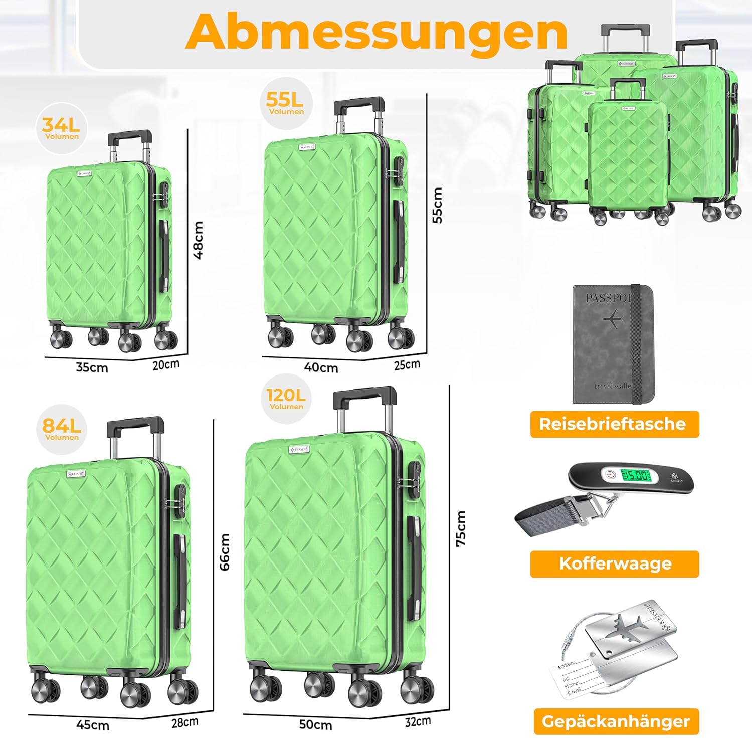 KESSER® 4-teiliges Koffer Set | Hartschalen-Koffer mit TSA-Schloss, 360° Rollen & Waage