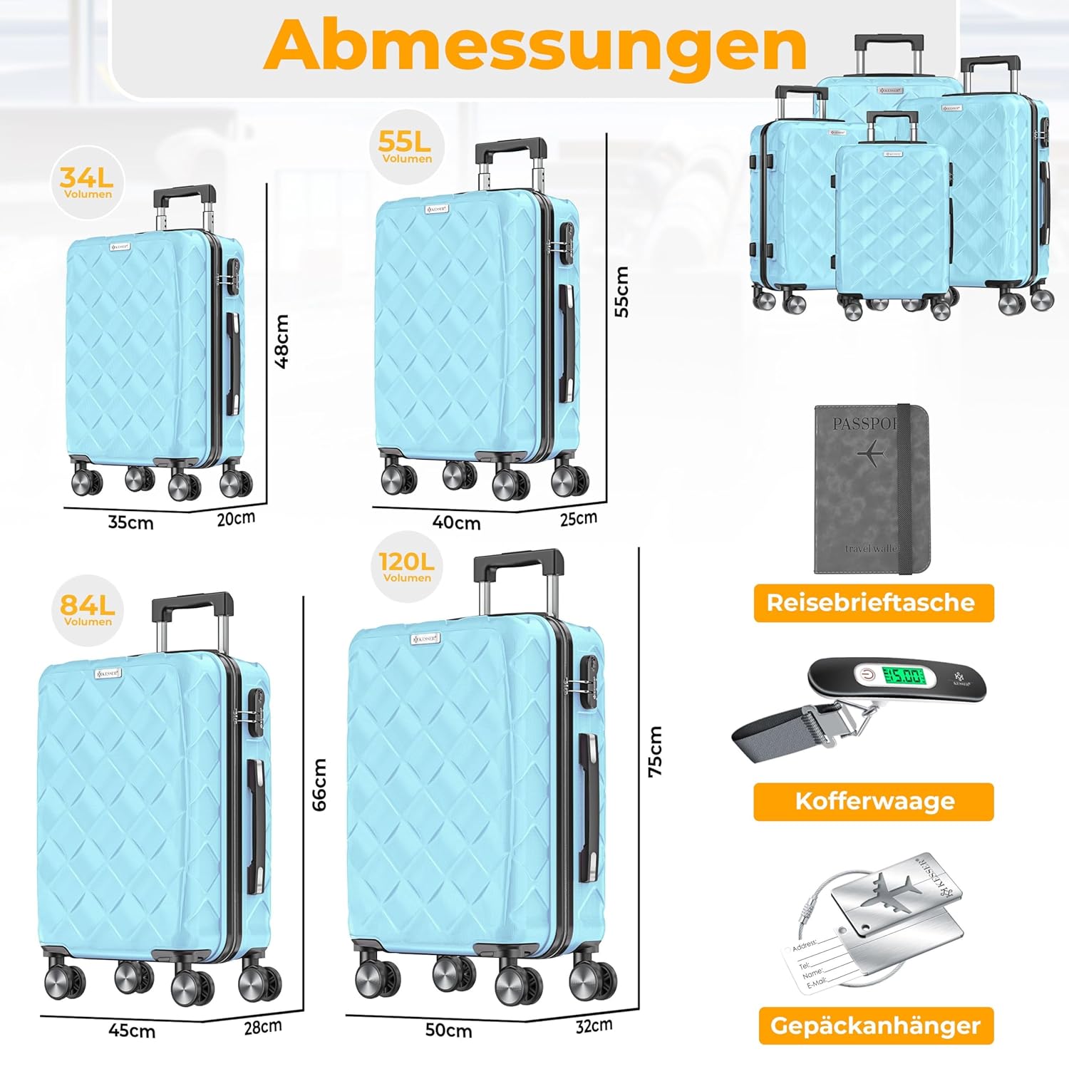 KESSER® 4-teiliges Koffer Set | Hartschalen-Koffer mit TSA-Schloss, 360° Rollen & Waage