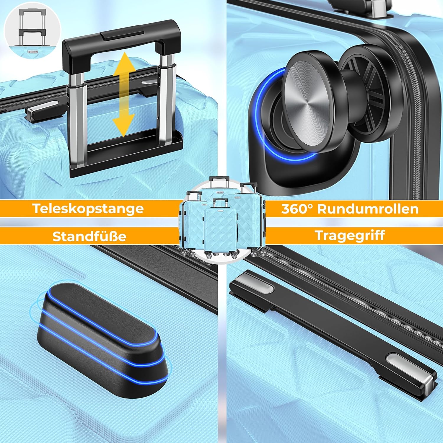 KESSER® 4-teiliges Koffer Set | Hartschalen-Koffer mit TSA-Schloss, 360° Rollen & Waage