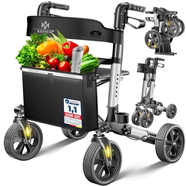 Kesser Aluminium Rollator, leichter Travel Walker, 3-fach faltbar, höhenverstellbar