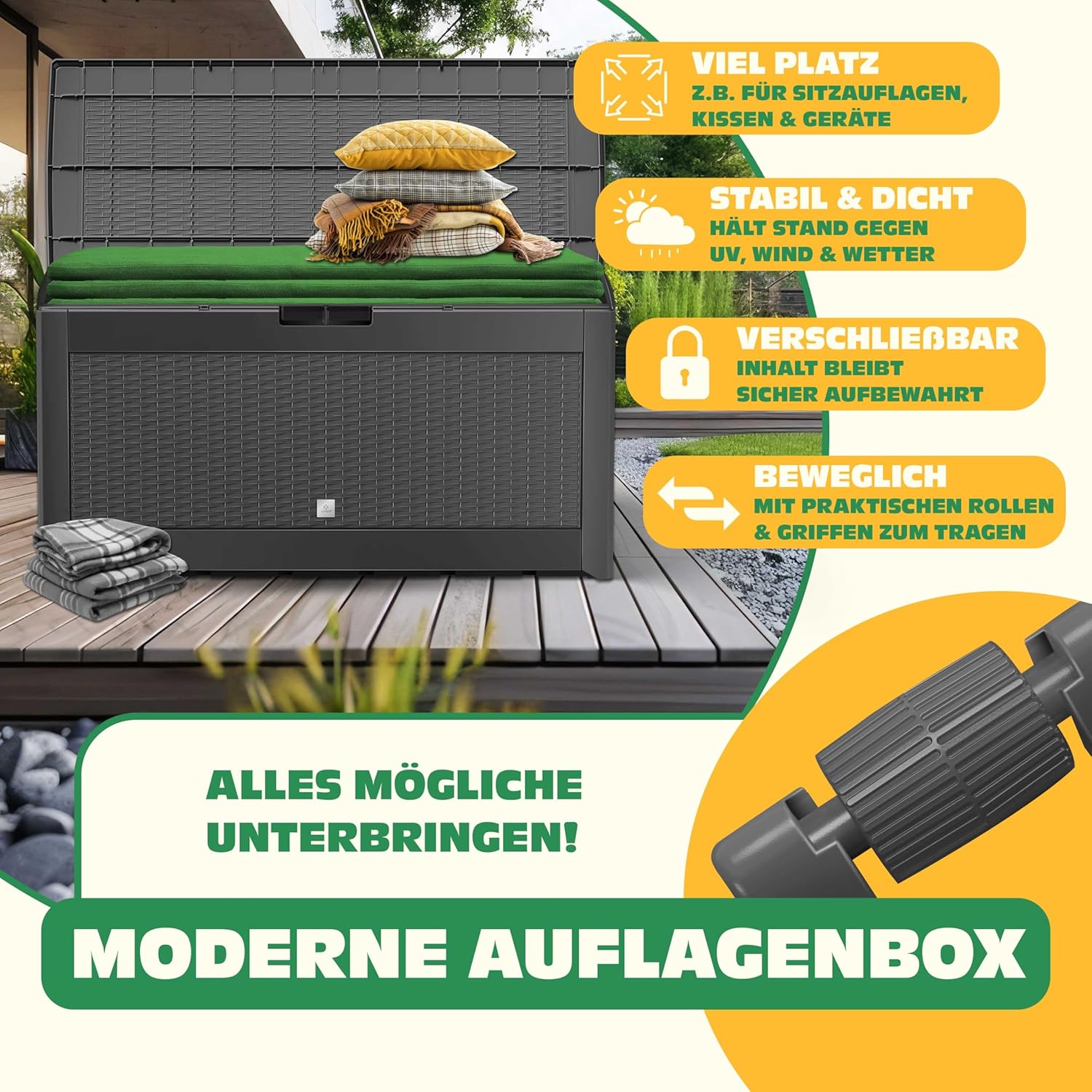 Kesser® Aufbewahrungsbox 310 L mit Rollen, Faltdeckel, Rattan-Optik, grau