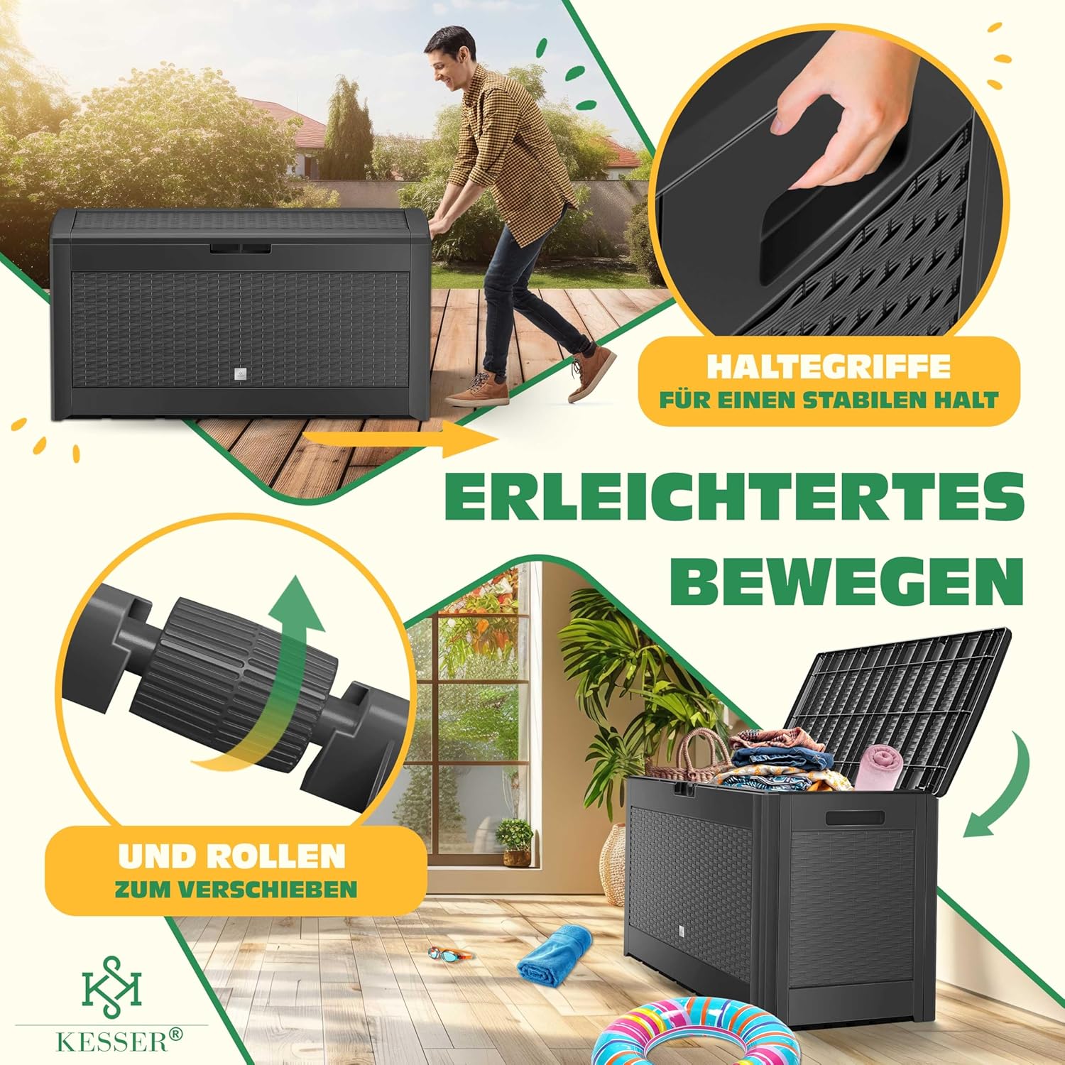 Kesser® Aufbewahrungsbox 310 L mit Rollen, Faltdeckel, Rattan-Optik, grau