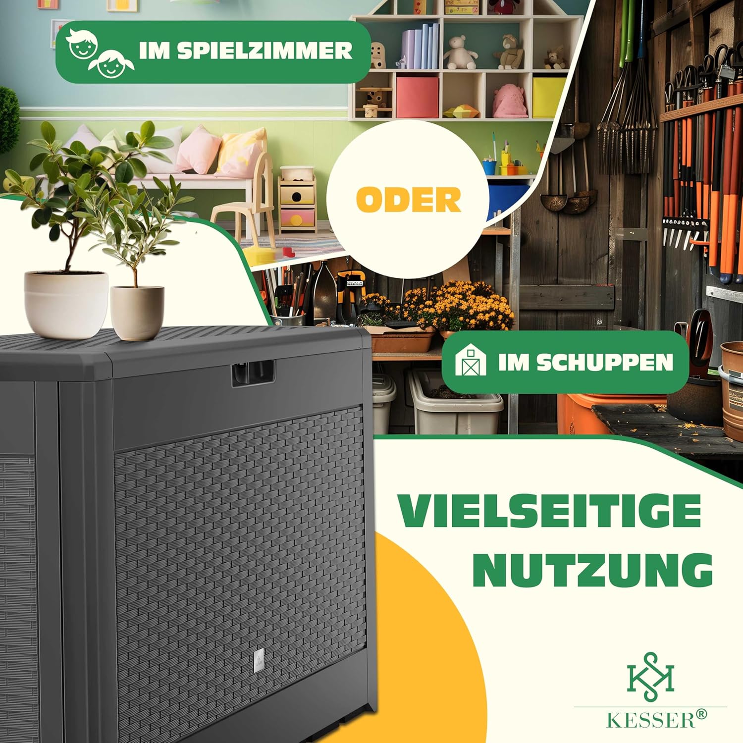 Kesser® Aufbewahrungsbox 310 L mit Rollen, Faltdeckel, Rattan-Optik, grau