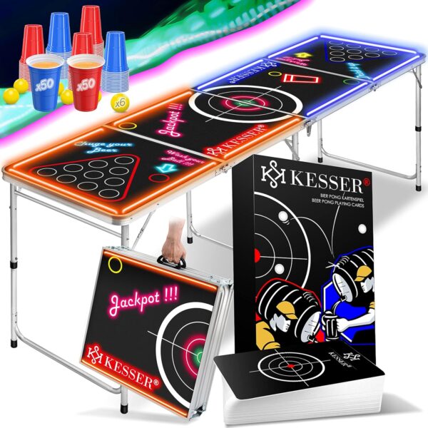 KESSER® Beer Pong Tisch Set LED Beleuchtung Höhenverstellbar 100 Becher 6 Bälle