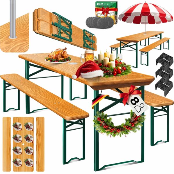 Kesser® Bierzeltgarnitur 3-teilig 170 cm Holzbank & Stehtisch klappbar