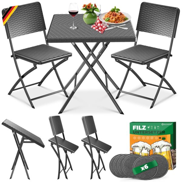KESSER® Bistro Set 3-teilig mit Tisch & 2 Stühlen, wetterfest, UV-beständig, Faltbar, Stahl & Kunststoffrattan