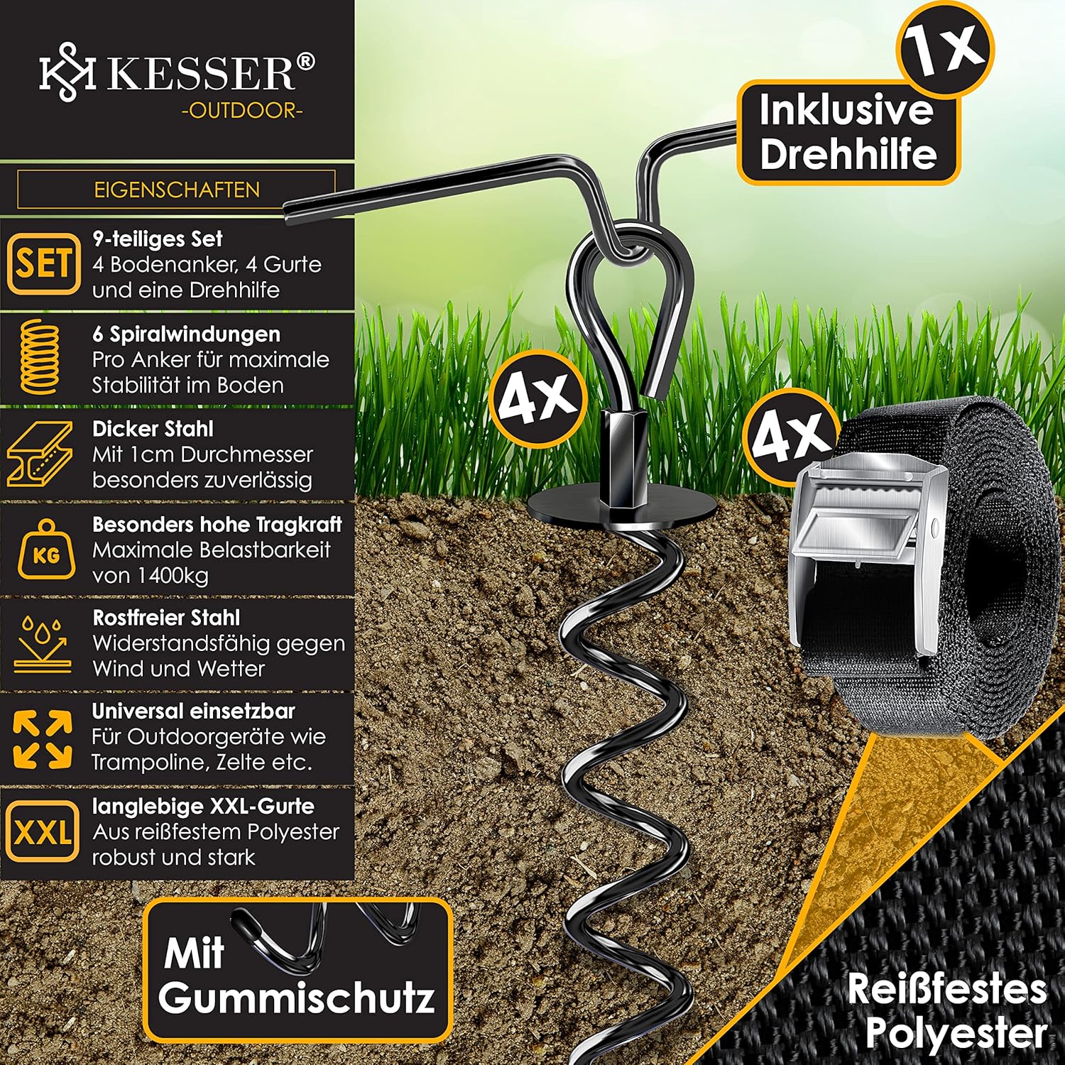 KESSER® Bodenanker-Set 4 Stück, 1 cm Edelstahl, ideal für Trampolin, Pavillon, Zelt