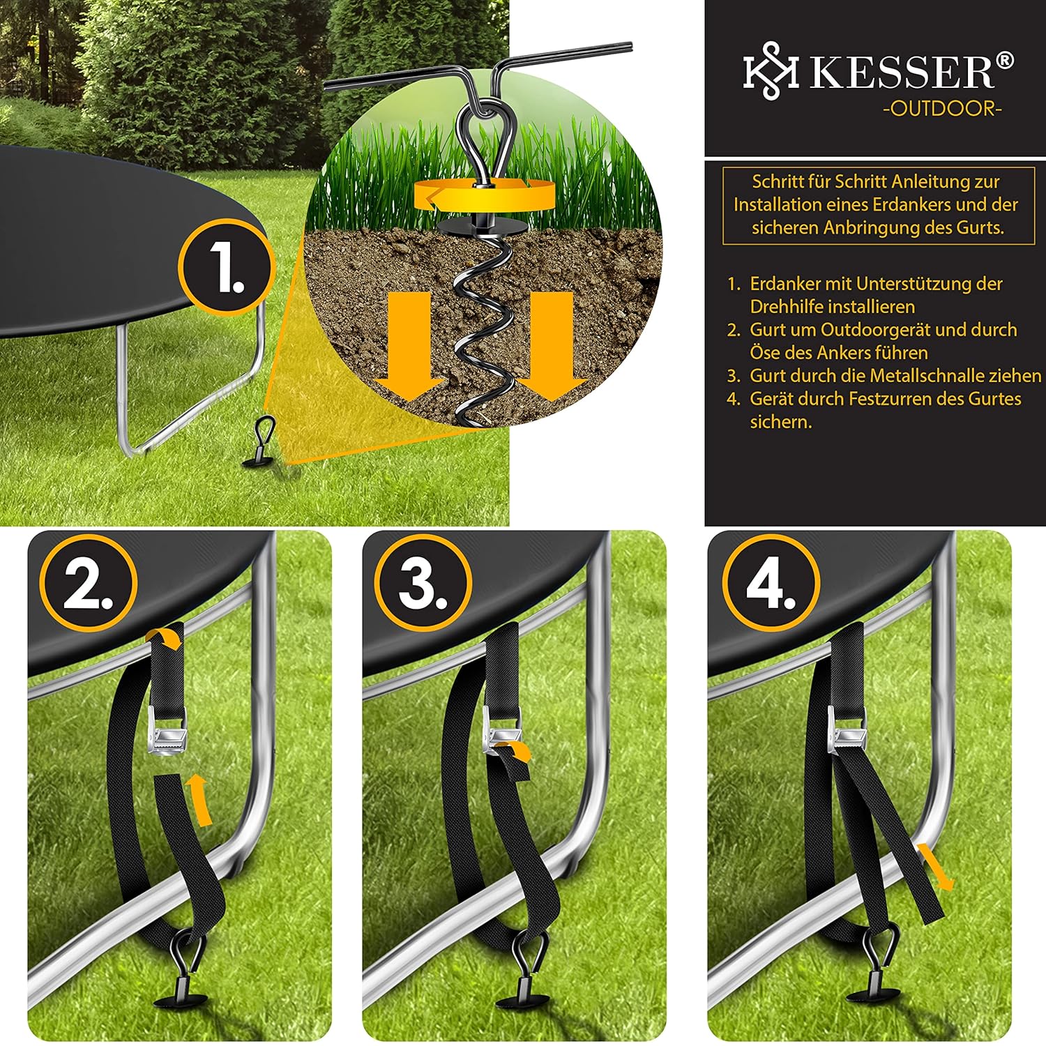 KESSER® Bodenanker-Set 4 Stück, 1 cm Edelstahl, ideal für Trampolin, Pavillon, Zelt