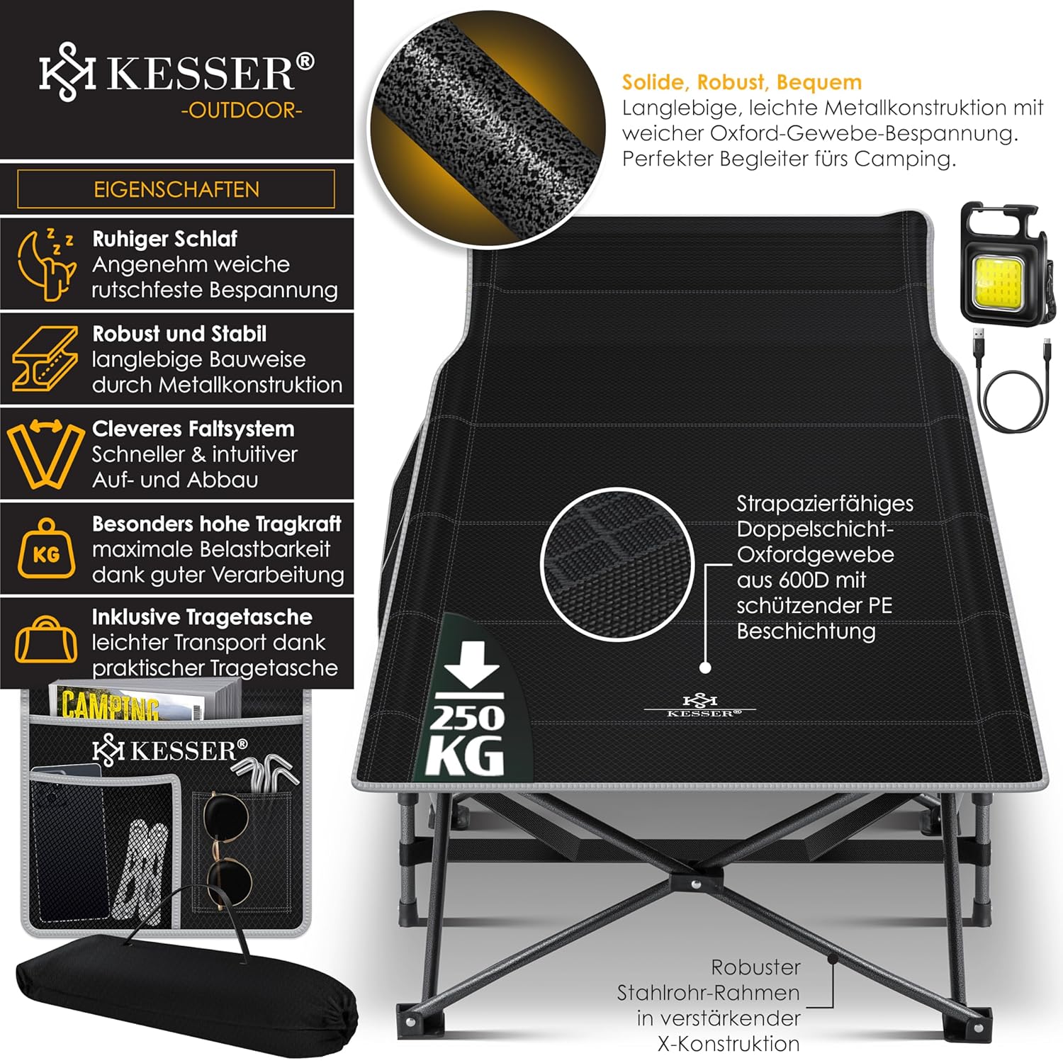 KESSER® Campingbett Faltbar Tragetasche Seitentasche 250 kg Tragfähigkeit 600D Oxford