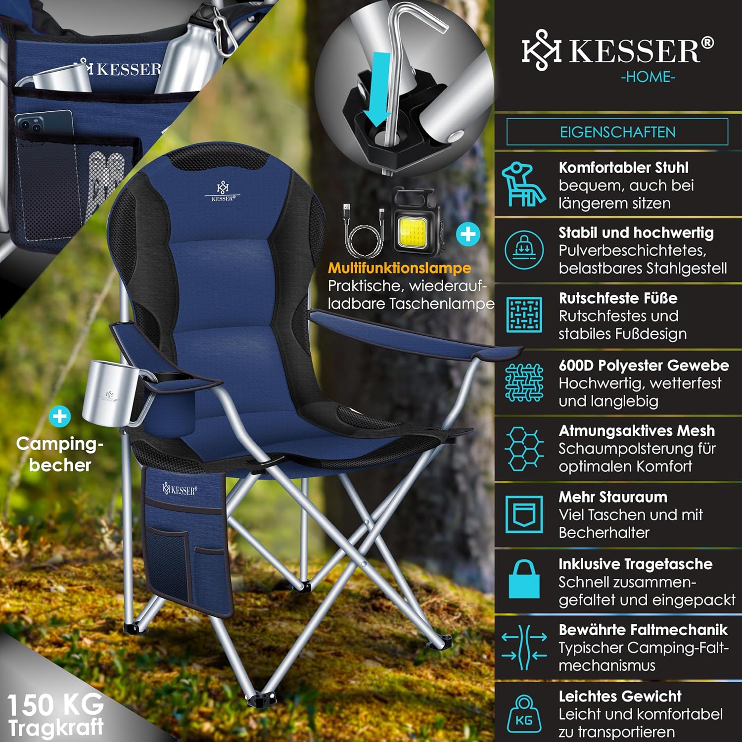 KESSER® Campingstuhl Faltbar 150 kg Tragkraft mit Armlehnen, Hohem Rücken & Getränkehalter