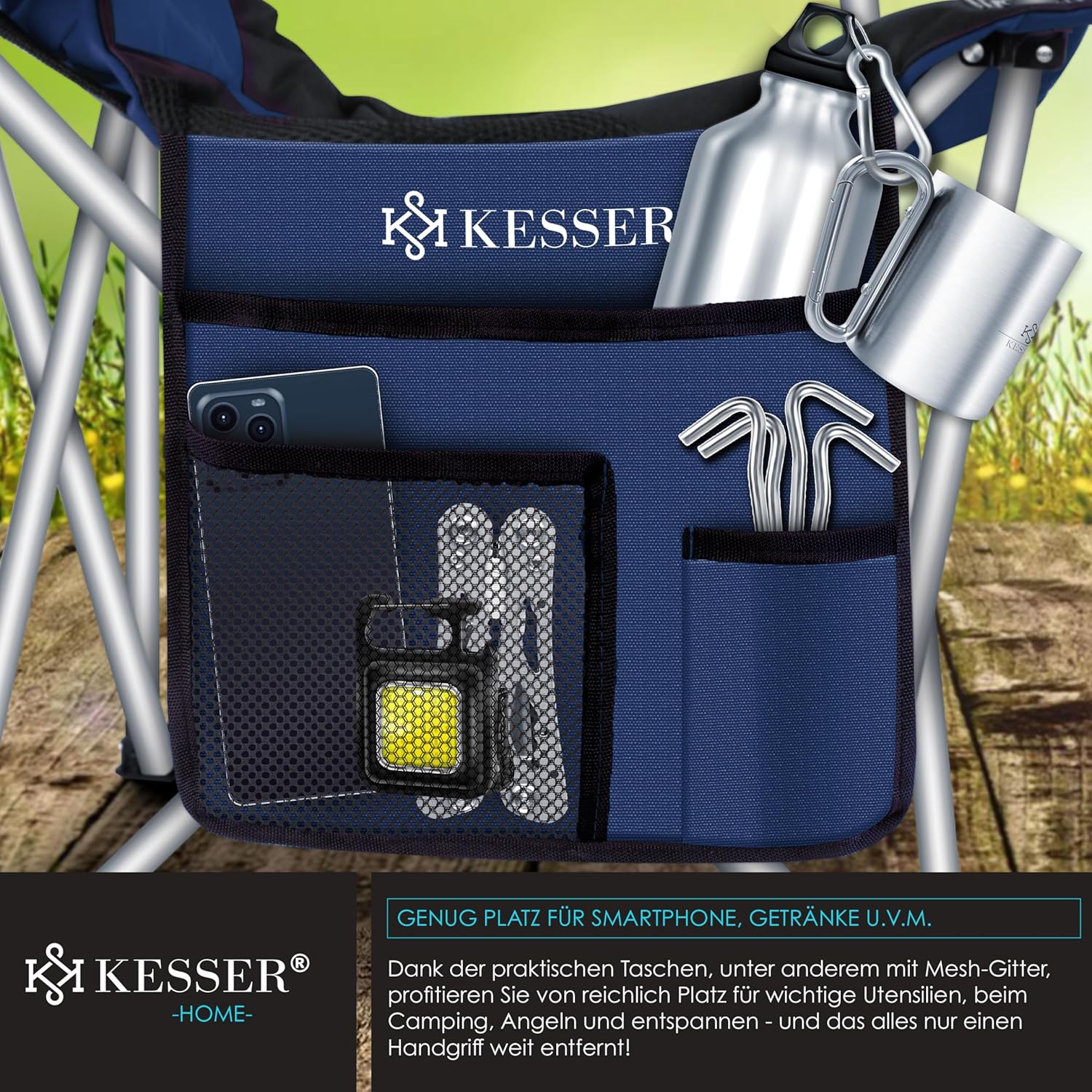 KESSER® Campingstuhl Faltbar 150 kg Tragkraft mit Armlehnen, Hohem Rücken & Getränkehalter