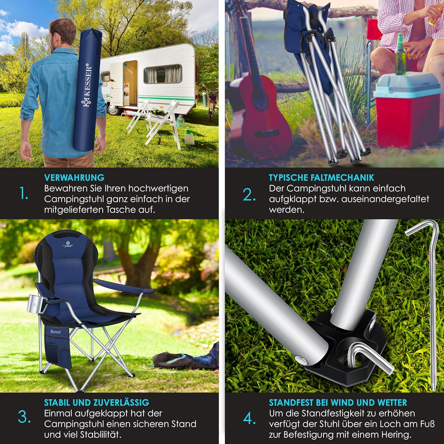 KESSER® Campingstuhl Faltbar 150 kg Tragkraft mit Armlehnen, Hohem Rücken & Getränkehalter