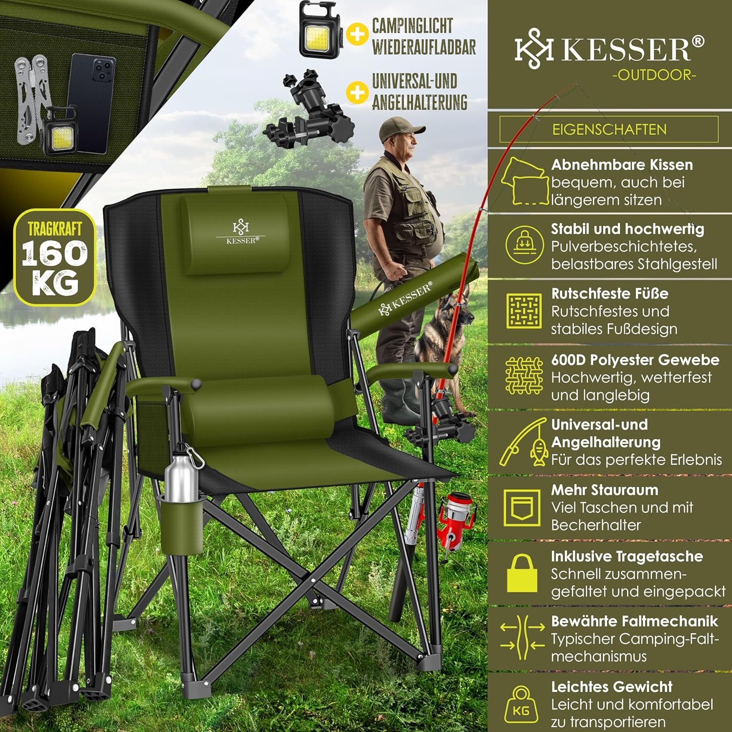 KESSER® Campingstuhl faltbar bis 160 kg mit Hohem Rücken, Armlehnen & Getränkehalter