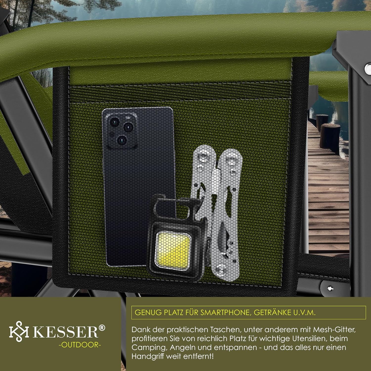 KESSER® Campingstuhl faltbar bis 160 kg mit Hohem Rücken, Armlehnen & Getränkehalter
