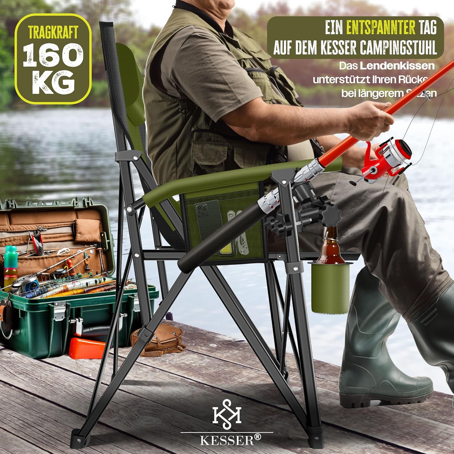 KESSER® Campingstuhl faltbar bis 160 kg mit Hohem Rücken, Armlehnen & Getränkehalter