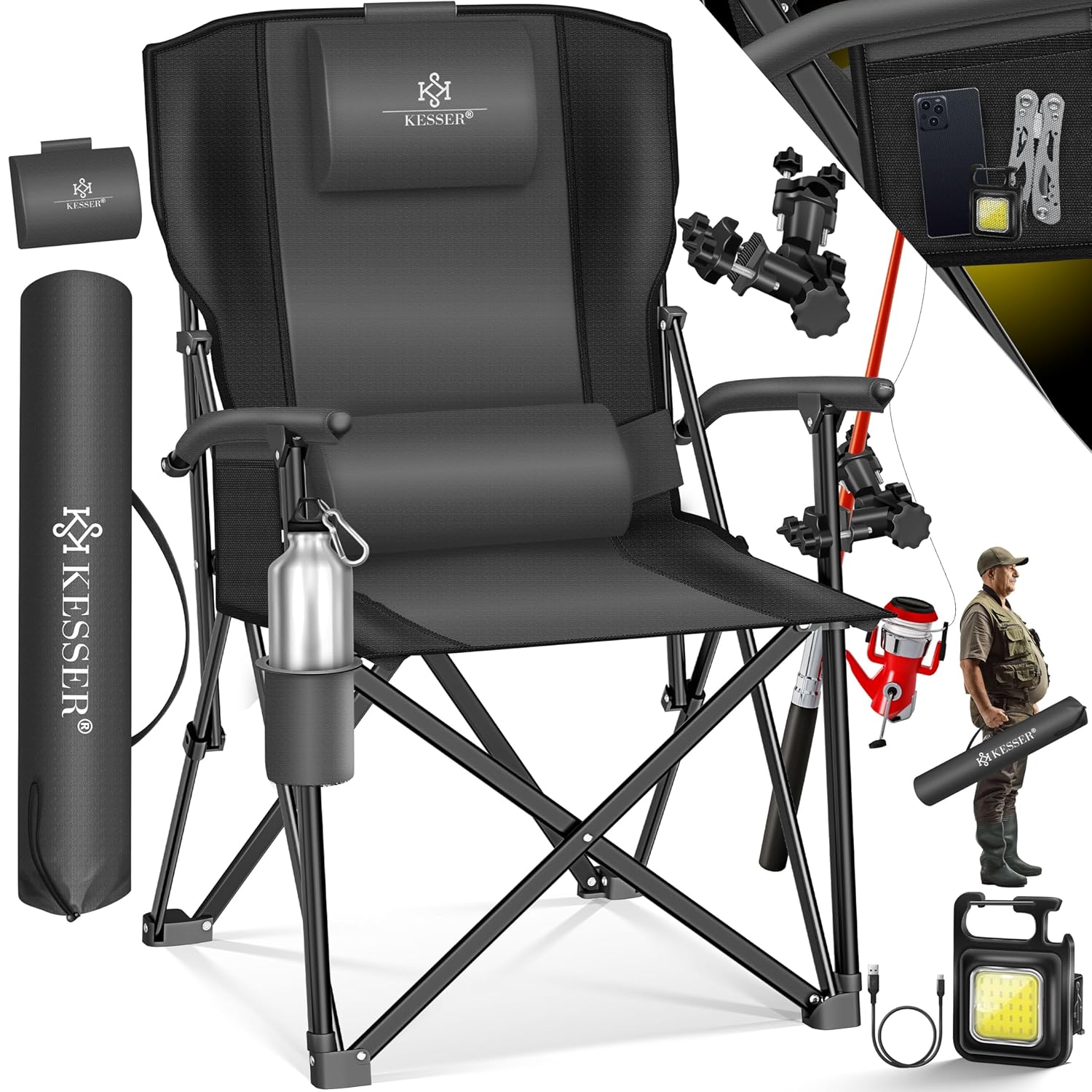 KESSER® Campingstuhl klappbar, 160 kg belastbar, hohe Lehne, Armlehnen, Getränkehalter