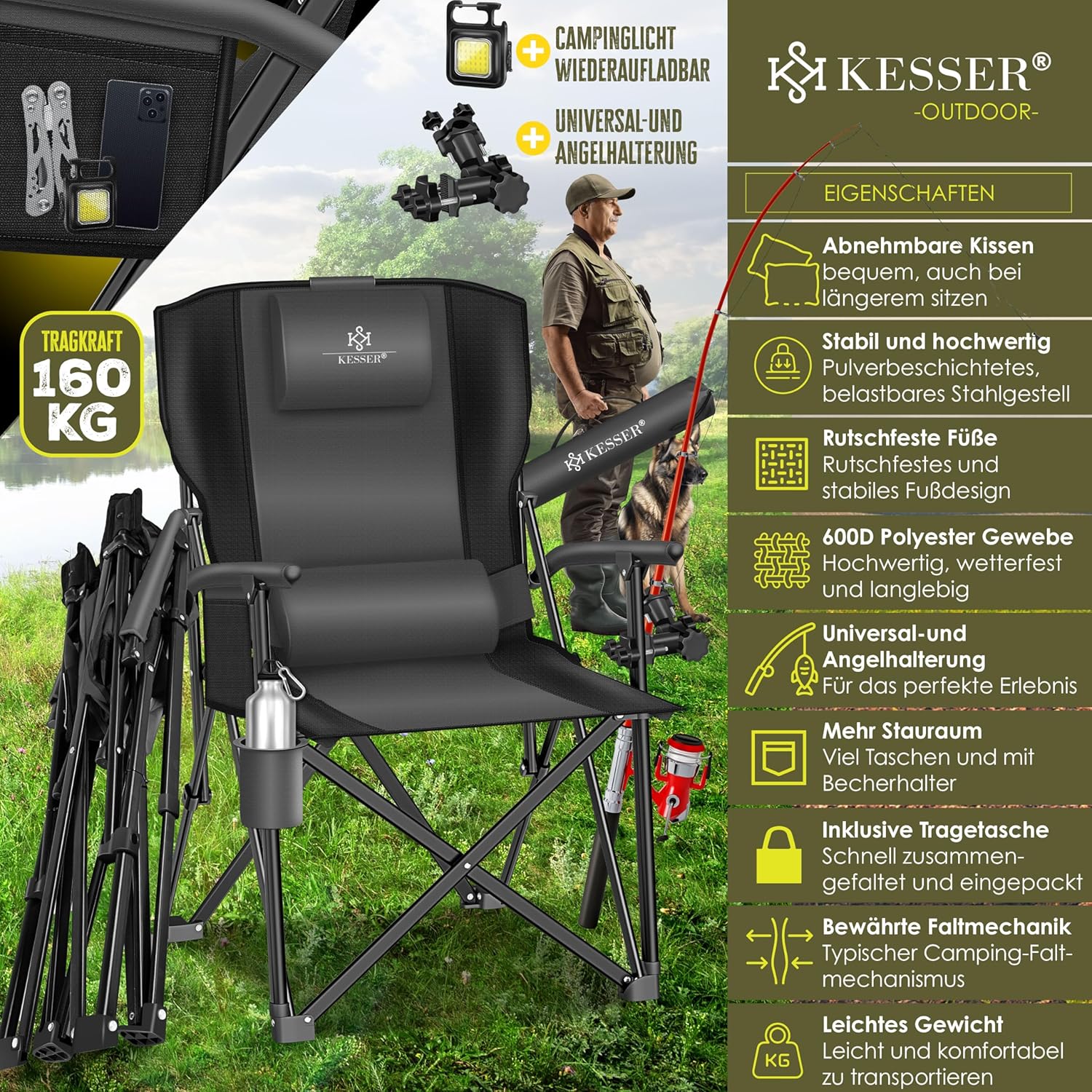 KESSER® Campingstuhl klappbar, 160 kg belastbar, hohe Lehne, Armlehnen, Getränkehalter
