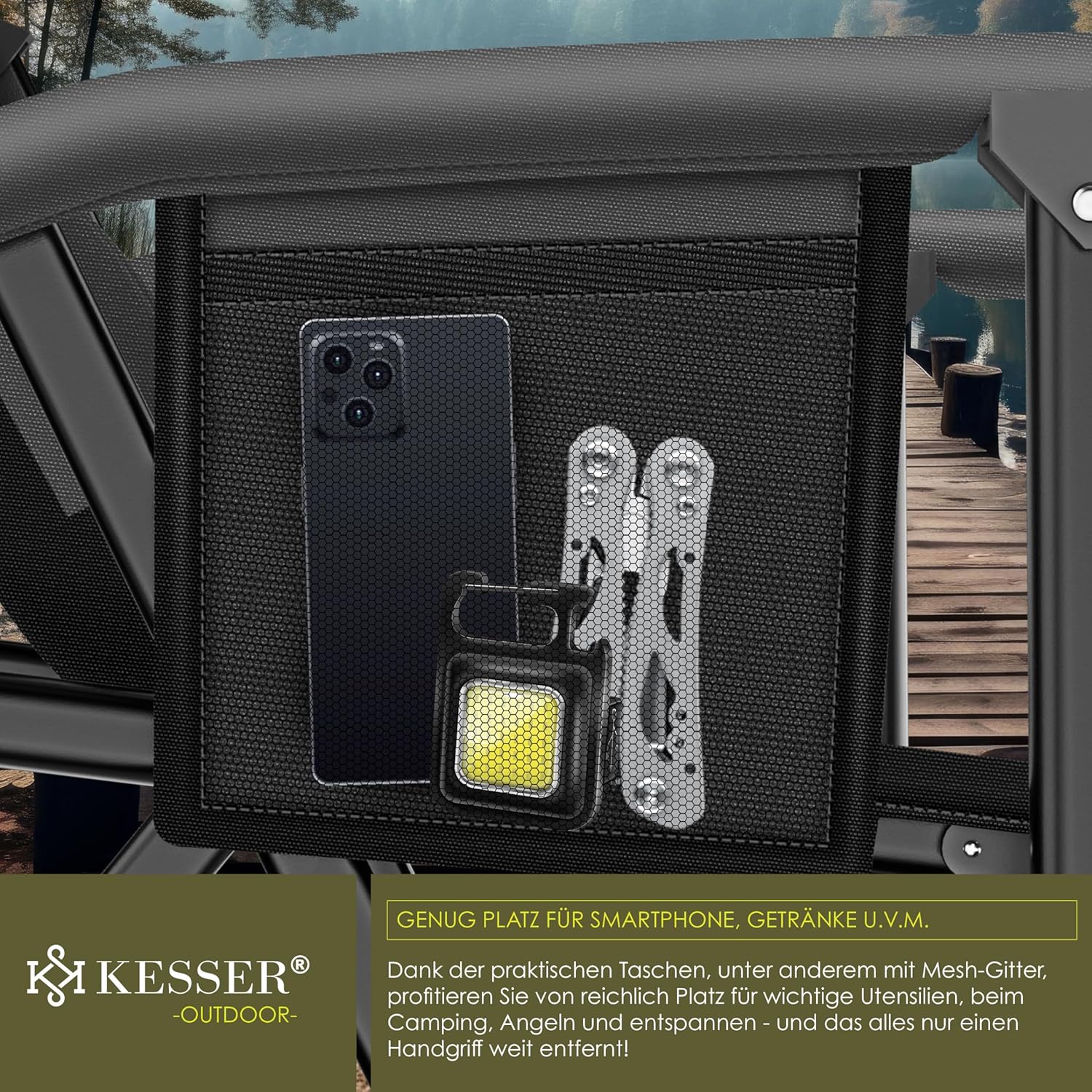 KESSER® Campingstuhl klappbar, 160 kg belastbar, hohe Lehne, Armlehnen, Getränkehalter