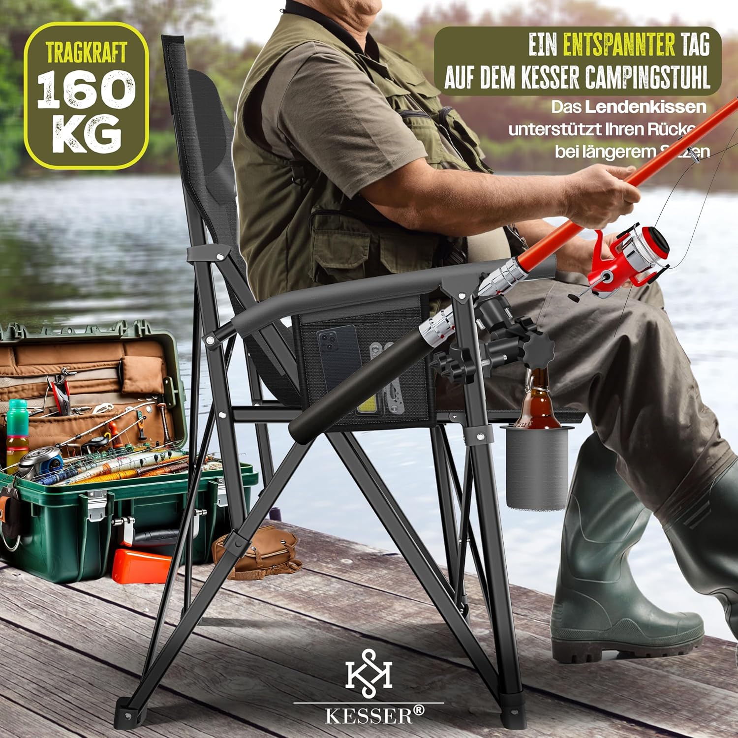 KESSER® Campingstuhl klappbar, 160 kg belastbar, hohe Lehne, Armlehnen, Getränkehalter