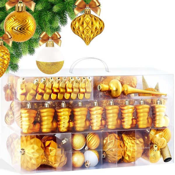 KESSER® Christmas Baubles Set 101 Gold Shatterproof Baumkugeln mit Tree Topper