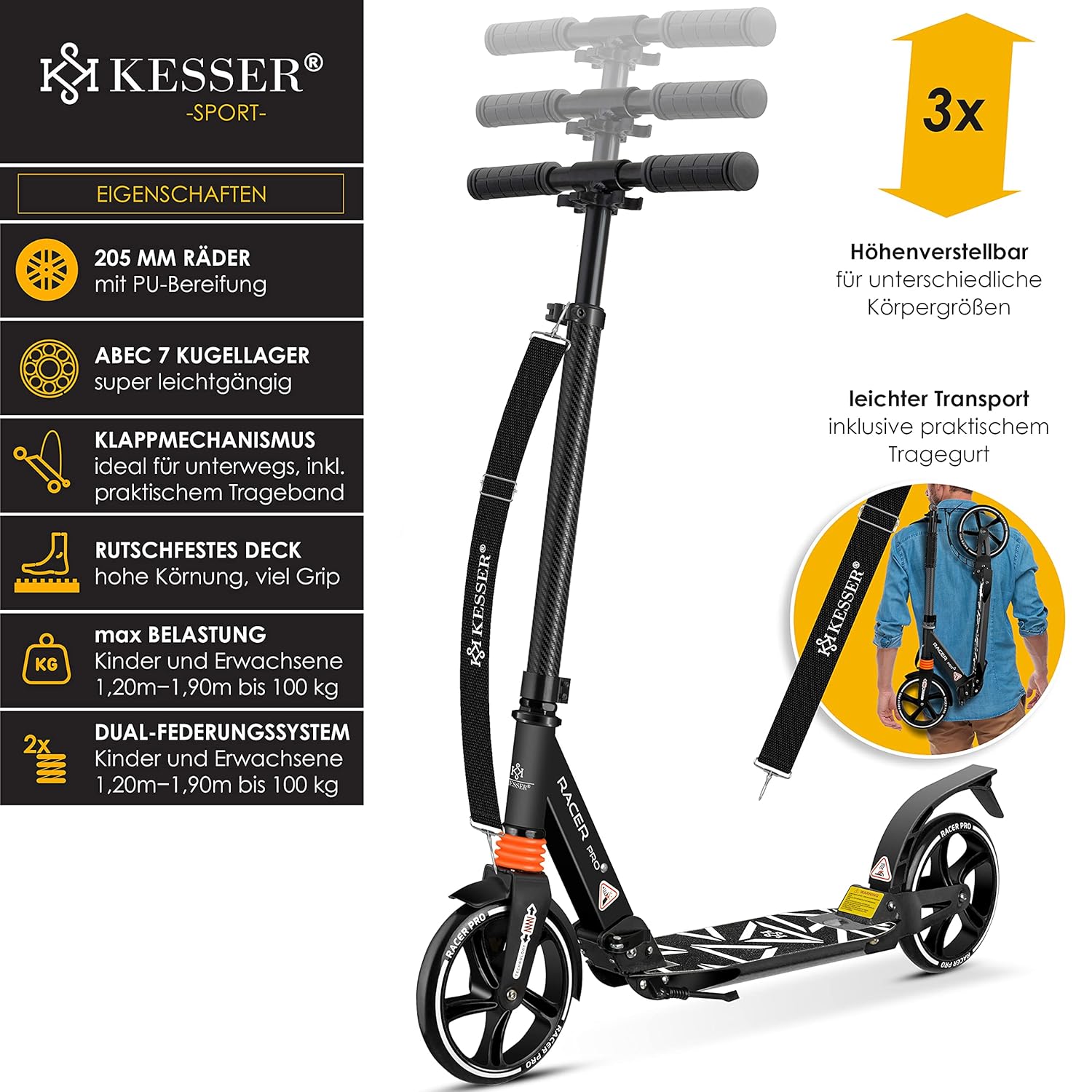 KESSER® City Scooter 205mm PU-Räder Doppel Federung klappbar höhenverstellbar