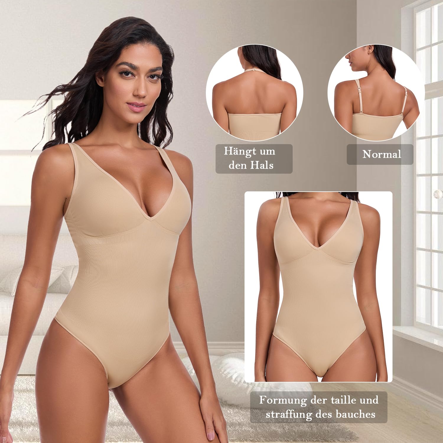 KESSER Damen Body Shaper mit Bauchkontrolle, tiefem V-Ausschnitt & verstellbarem Halt