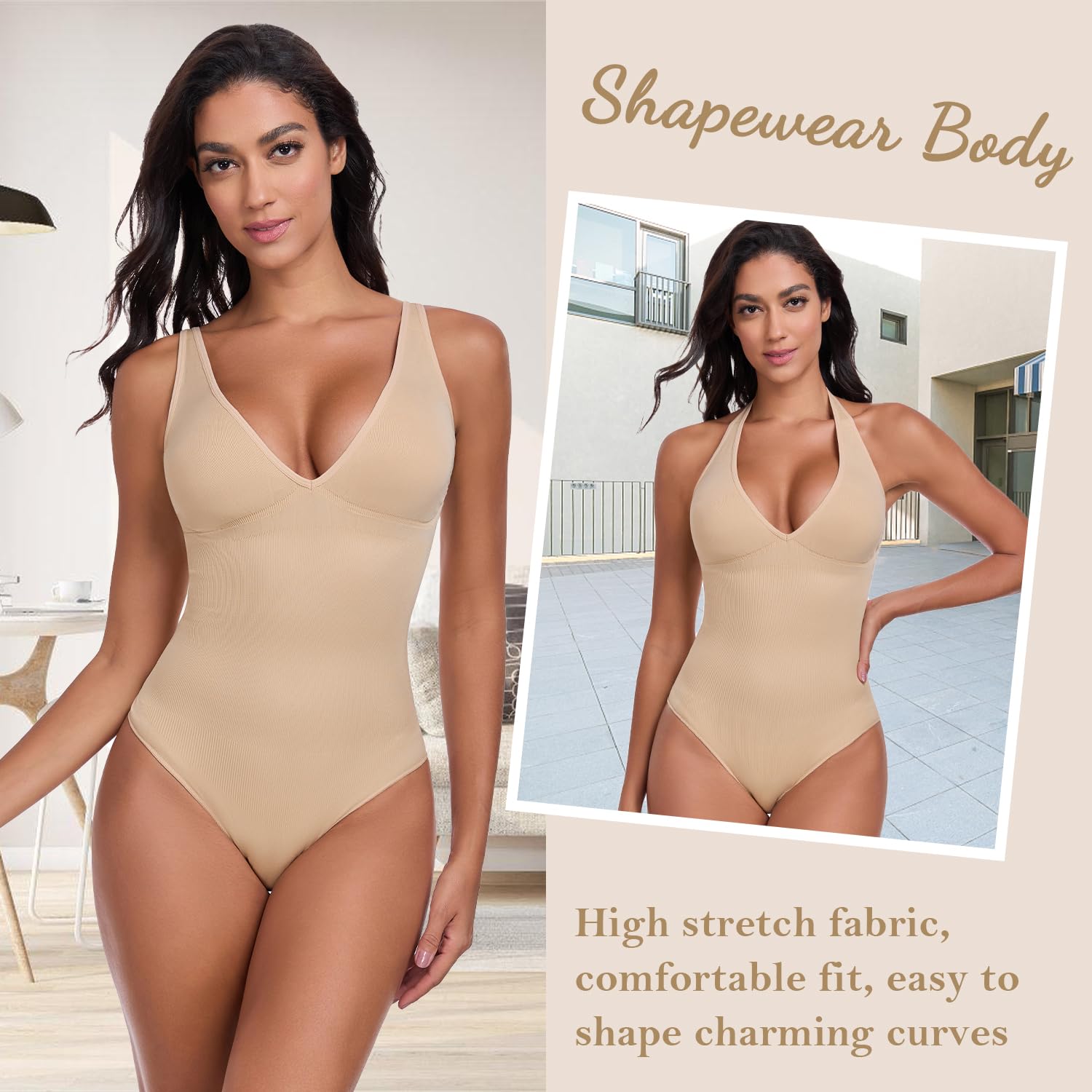 KESSER Damen Body Shaper mit Bauchkontrolle, tiefem V-Ausschnitt & verstellbarem Halt