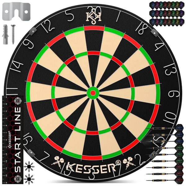 KESSER® Dartscheibe aus Kork mit 9 Darts Metallspitzen, 21 Flights, Stahldart