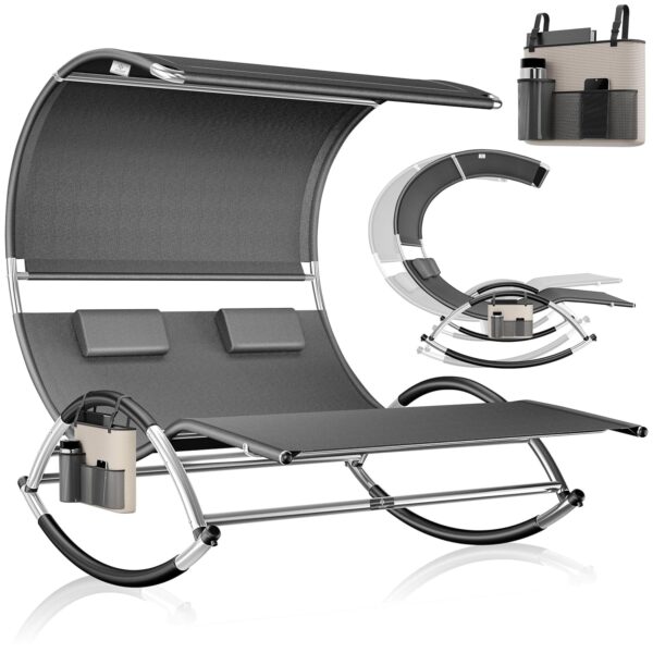 KESSER® Doppel-Sunlounger mit Verstellbarem Verdeck & Getränkehalter, Anthrazit