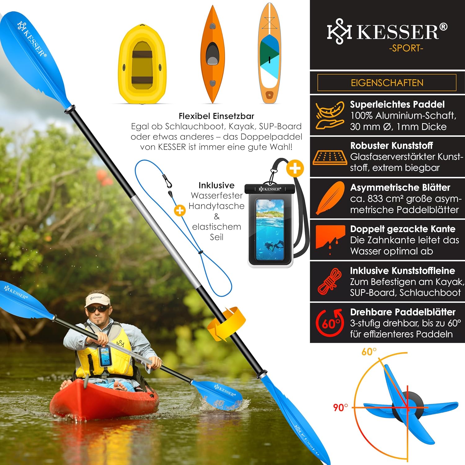 KESSER® Doppelpaddel 4-teilig – 228 cm Aluminium Superleicht für Kajak & SUP