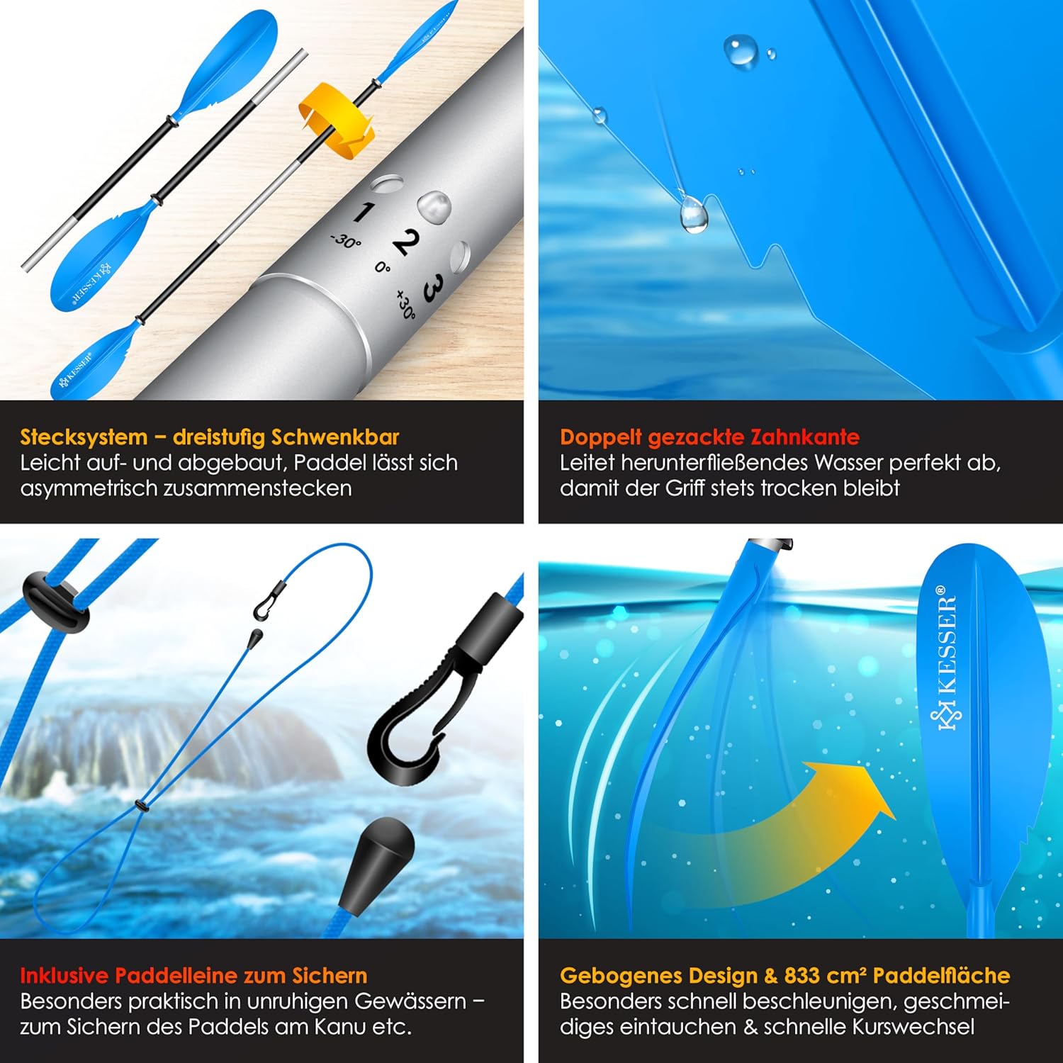 KESSER® Doppelpaddel 4-teilig – 228 cm Aluminium Superleicht für Kajak & SUP
