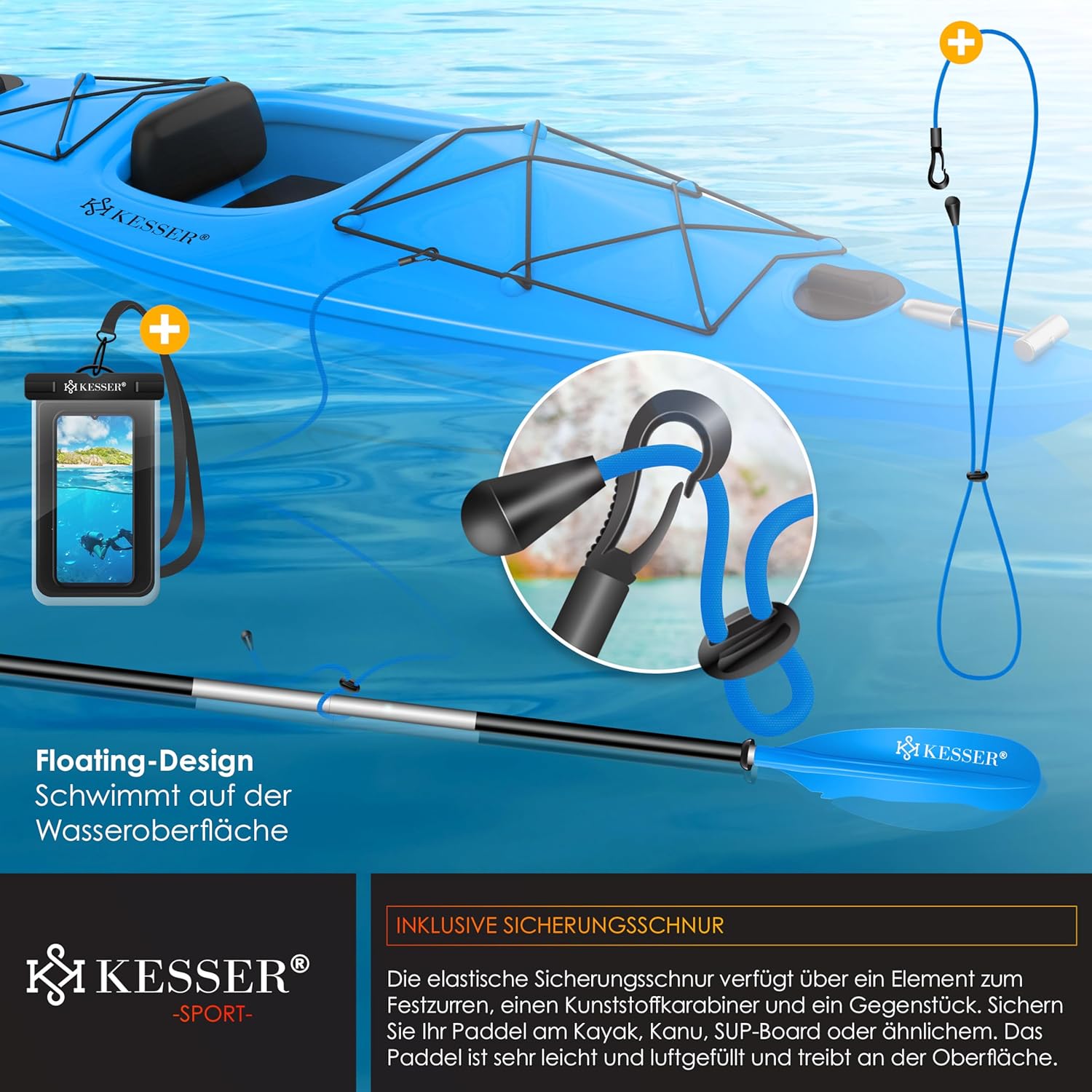 KESSER® Doppelpaddel 4-teilig – 228 cm Aluminium Superleicht für Kajak & SUP