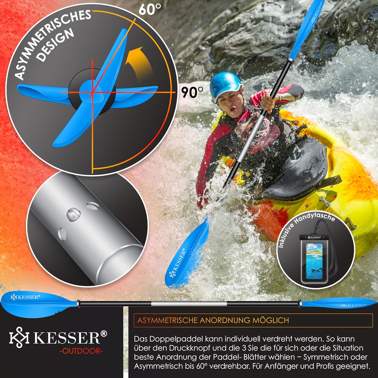 KESSER® Doppelpaddel 4-teilig – 228 cm Aluminium Superleicht für Kajak & SUP