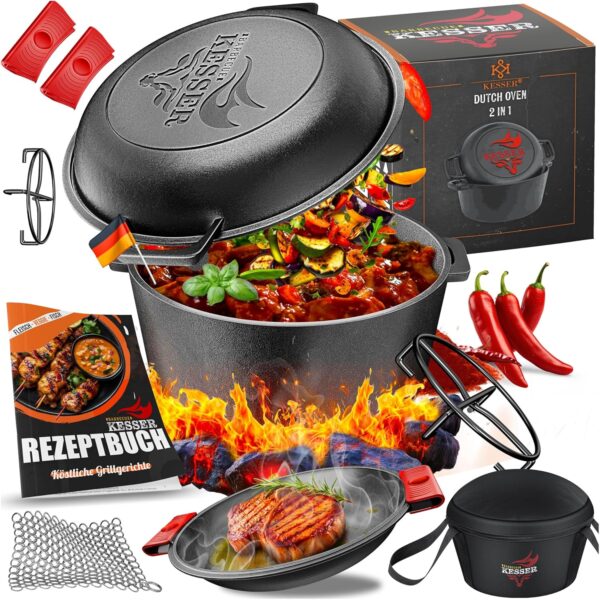 KESSER® Dutch Oven 2in1 aus Gusseisen 4,8L + 1,8L Pfanne, doppelfunktioneller Deckel