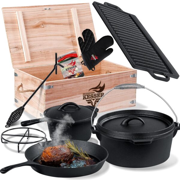 KESSER® Dutch Oven Set 9-teilig in Holzbox, Gusseisen, vorpassiert, mit Rezepten