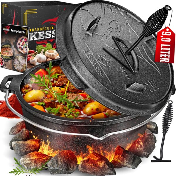 KESSER® Dutch Oven Set – Gusseiserner Bräter mit Deckelheber, für Indoor & Outdoor