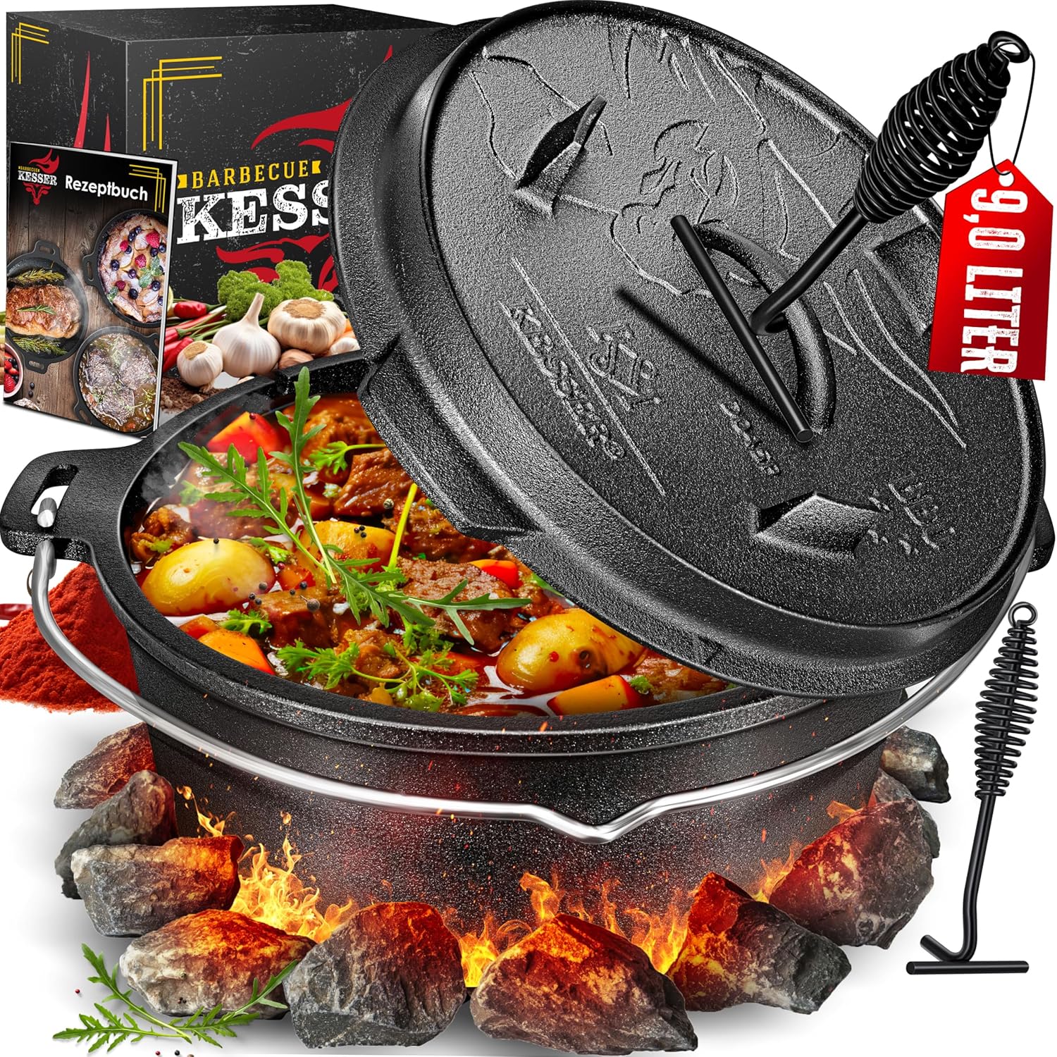 KESSER® Dutch Oven Set – Gusseiserner Bräter mit Deckelheber, für Indoor & Outdoor