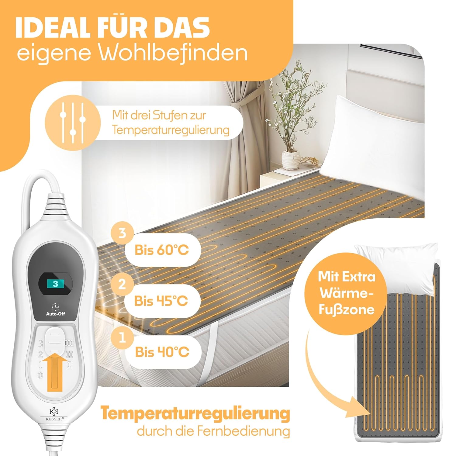 KESSER® Electric Underblanket 160x140cm Doppelwärme 2 Zonen 3 Stufen mit Fernbedienung und Abschaltautomatik