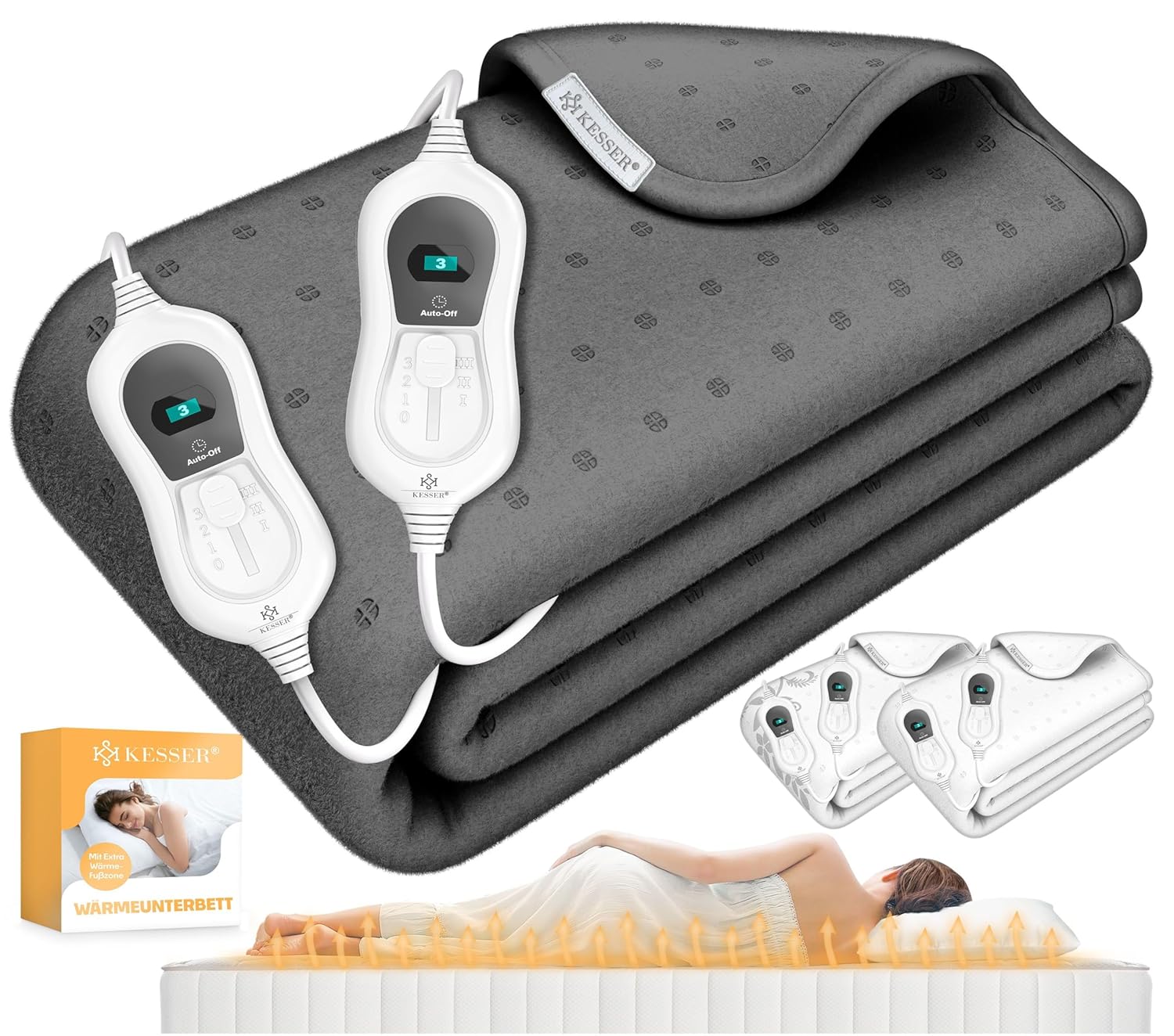 KESSER® Electric Underblanket 160x140cm Doppelwärme 2 Zonen 3 Stufen mit Fernbedienung und Abschaltautomatik
