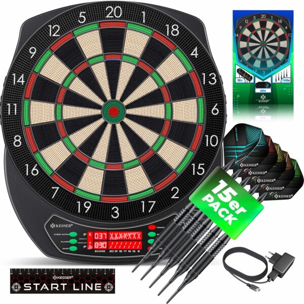 KESSER Electronic Dartboard Profi-Set mit 15 Pfeilen, 100 Spitzen, 1-8 Spieler