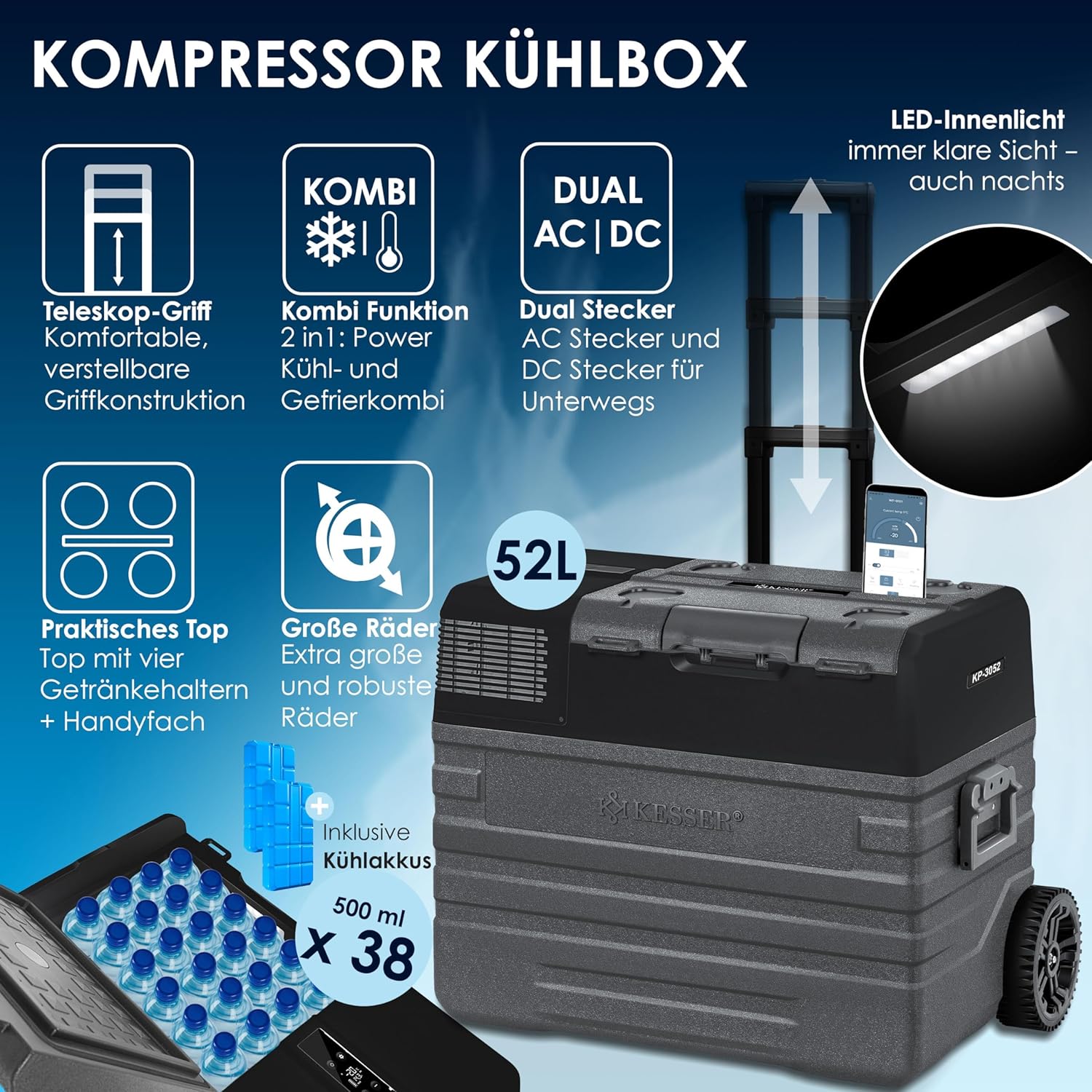 KESSER® Elektro Kühlbox 52 L mit App-Steuerung, -20°C, 12/24V/230V