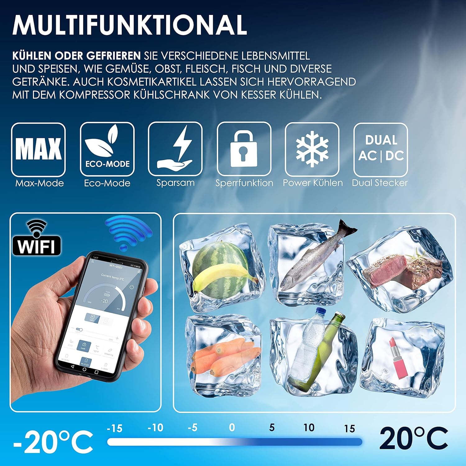 KESSER® Elektro Kühlbox 52 L mit App-Steuerung, -20°C, 12/24V/230V